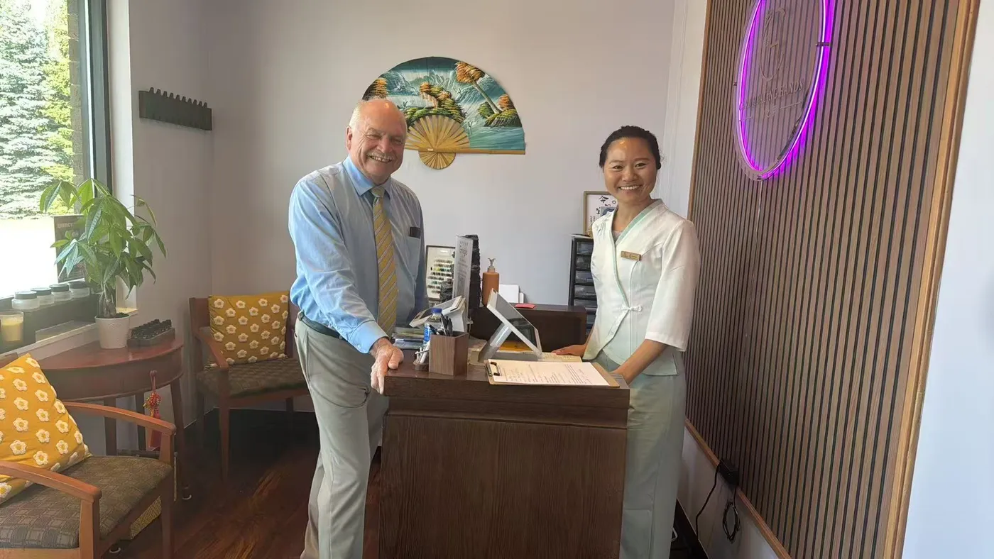 Mayor Clough visits Care Healing Hands in Westlake, Ohio Westlake Mayor Clough at the front desk of Care Healing Hands with a member of the spa team
