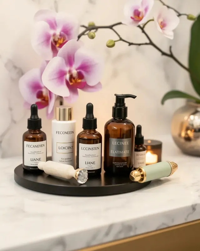 Facial skincare products on a shelf at Care Healing Hands in Westlake, Ohio.