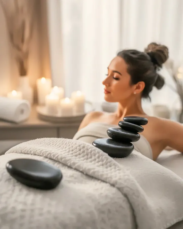 Massage table in white linens with warm basalt stones and lit candles in a quiet treatment room in Westlake.
