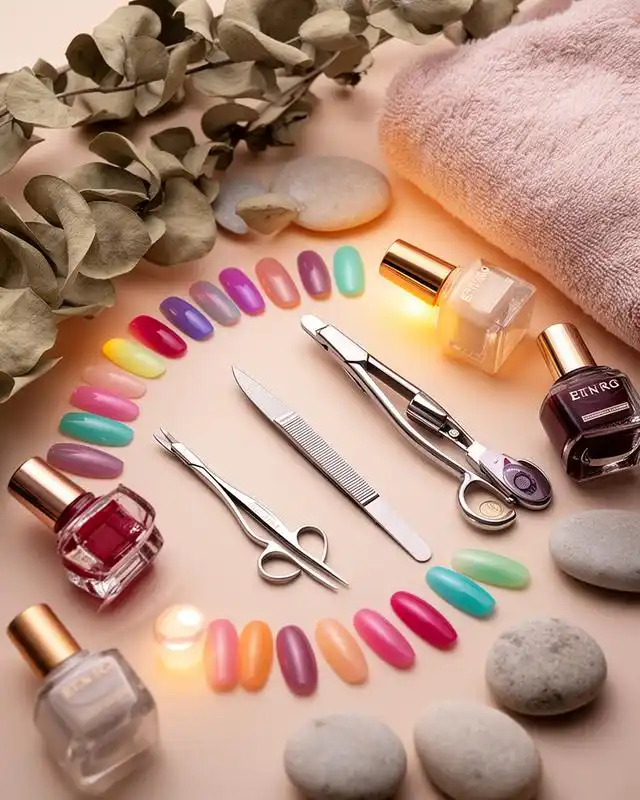 Manicure tools, polish bottles, colour swatches, and a folded towel laid out for a nail service.