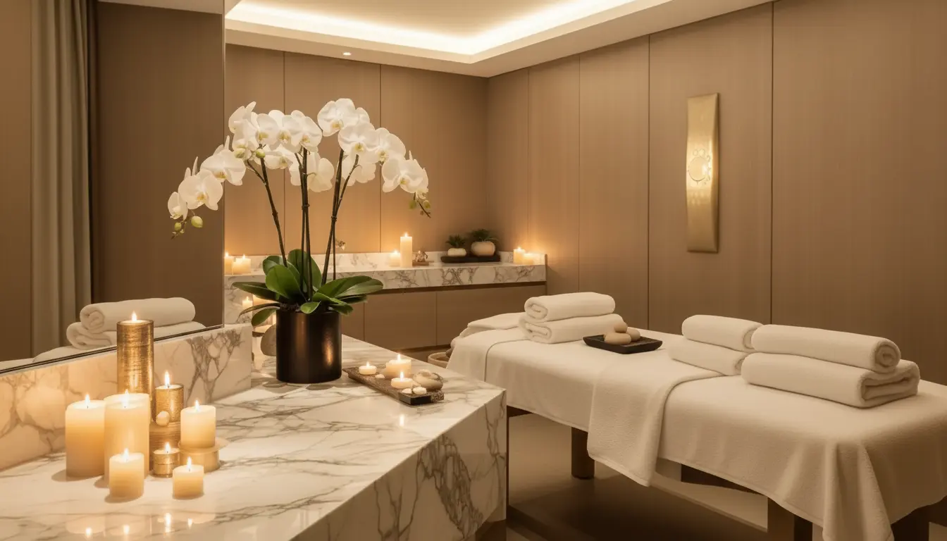 A private treatment room at Care Healing Hands in Westlake, Ohio, set up for a hot stone massage session.